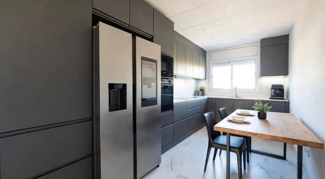 Cocina moderna reformada con isla y electrodomésticos por Koviclux en Barcelona